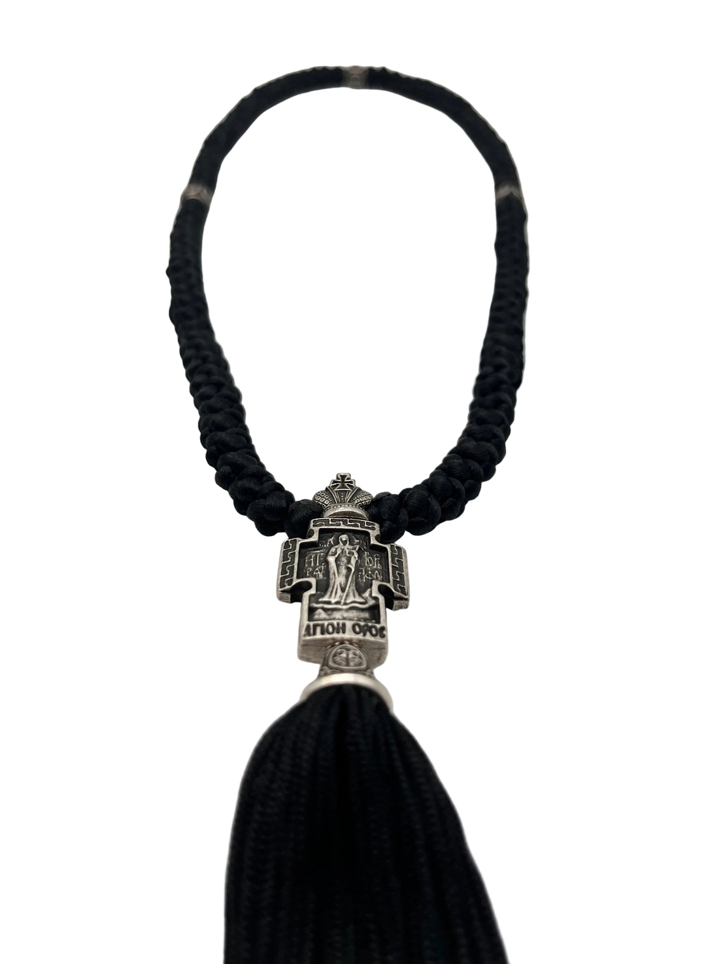 100-knot Prayer Rope with Metallic Beads and Metallic Cross (nickel) Style No. 02 back zoomed