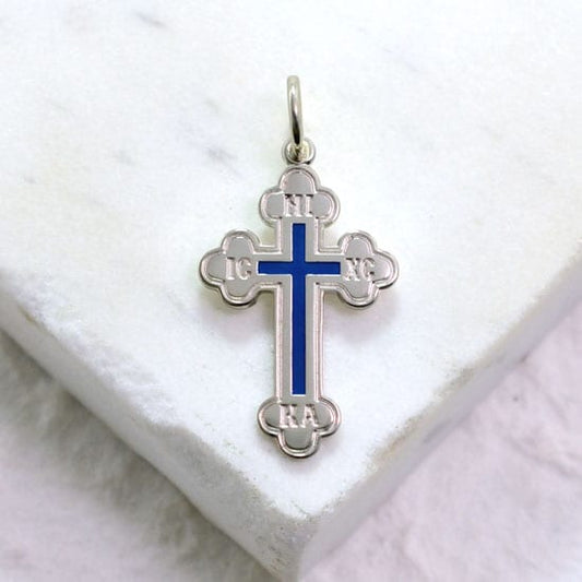 Sterling Silver Greek Baptismal Cross (Medium) with Blue Enamel