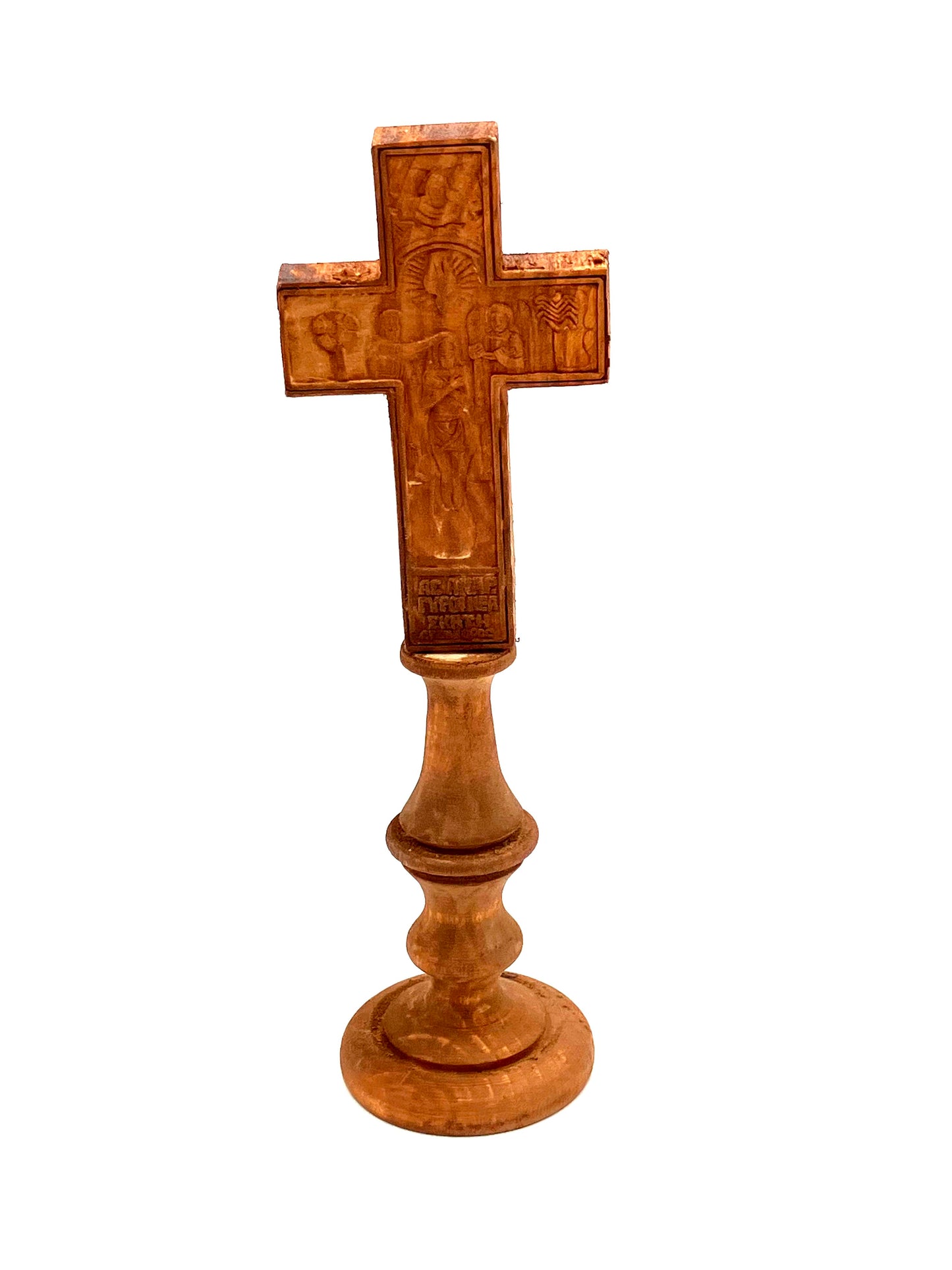 Wooden Standing Cross with Carved Icons of Crucifixion and Baptism of Christ