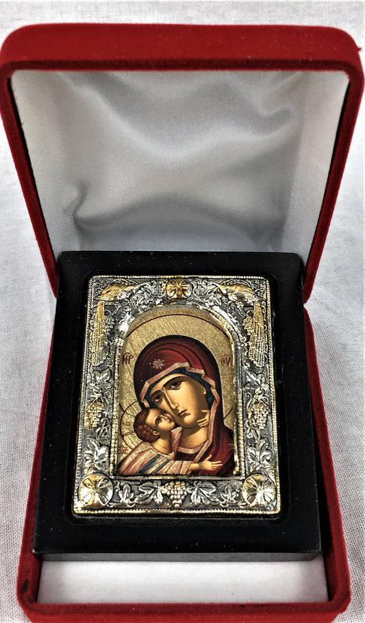 Theotokos - Eleusa, Small Icon, Silver Border