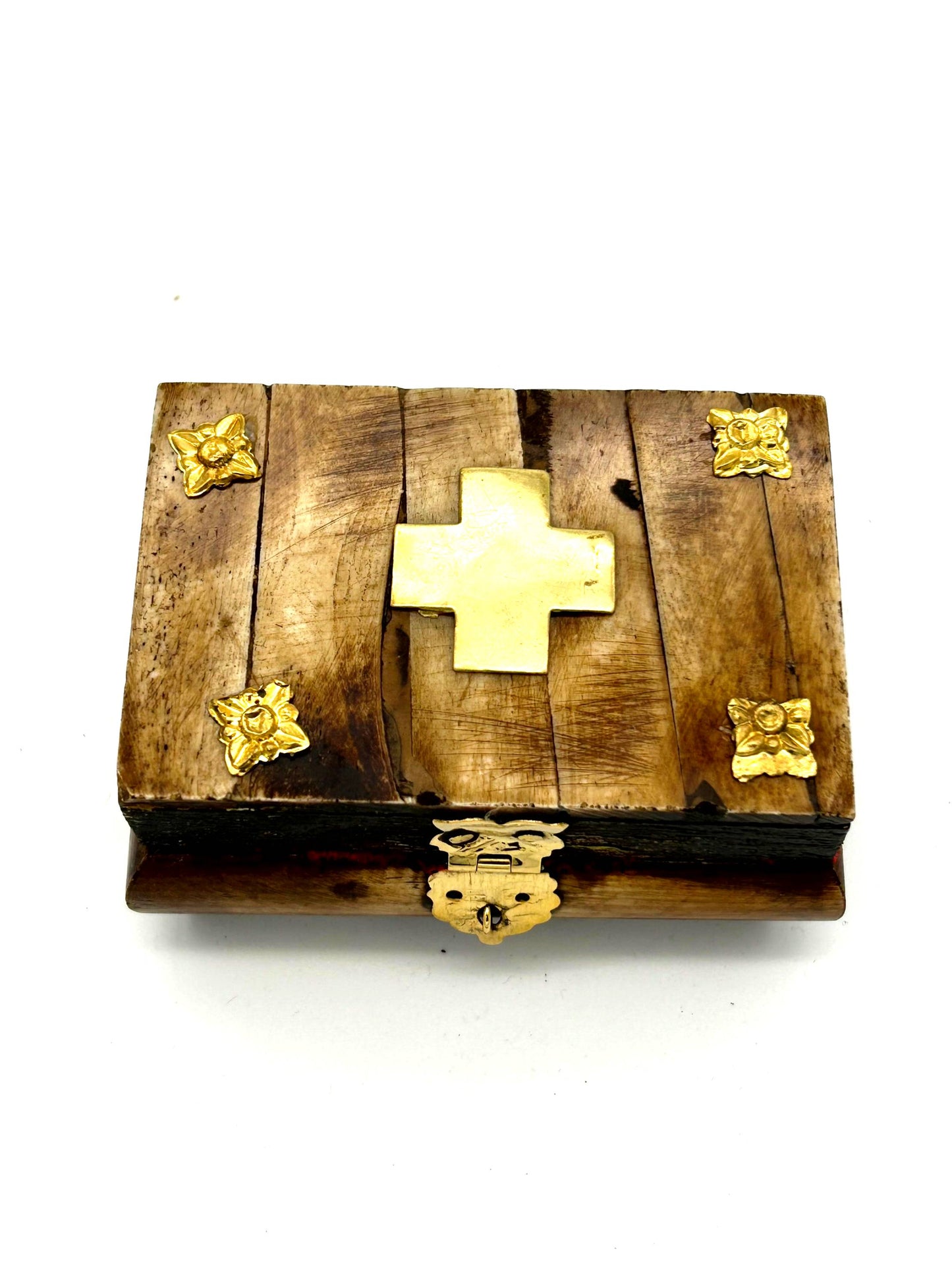 Wooden Box 27 (with Metallic Cross and Red Velvet)