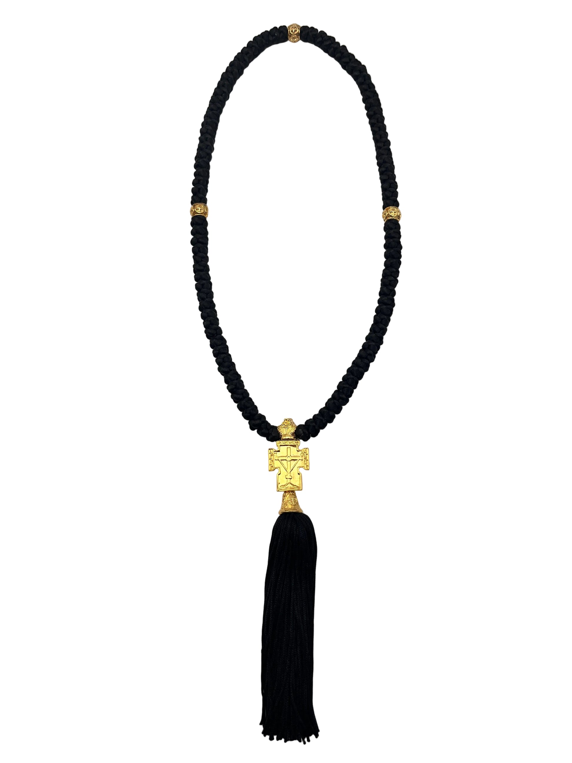 100-knot Prayer Rope with Metallic Beads and Metallic Cross (brass) Style No. 04