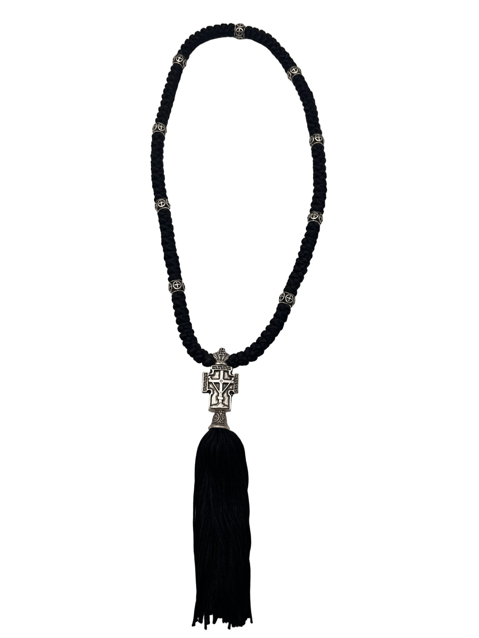 100-knot Prayer Rope with Metallic Beads and Metallic Cross (nickel) Style No. 01