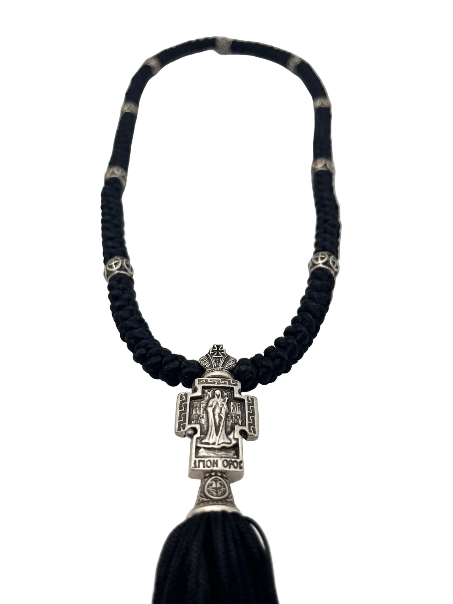 100-knot Prayer Rope with Metallic Beads and Metallic Cross (nickel) Style No. 01 back zoomed