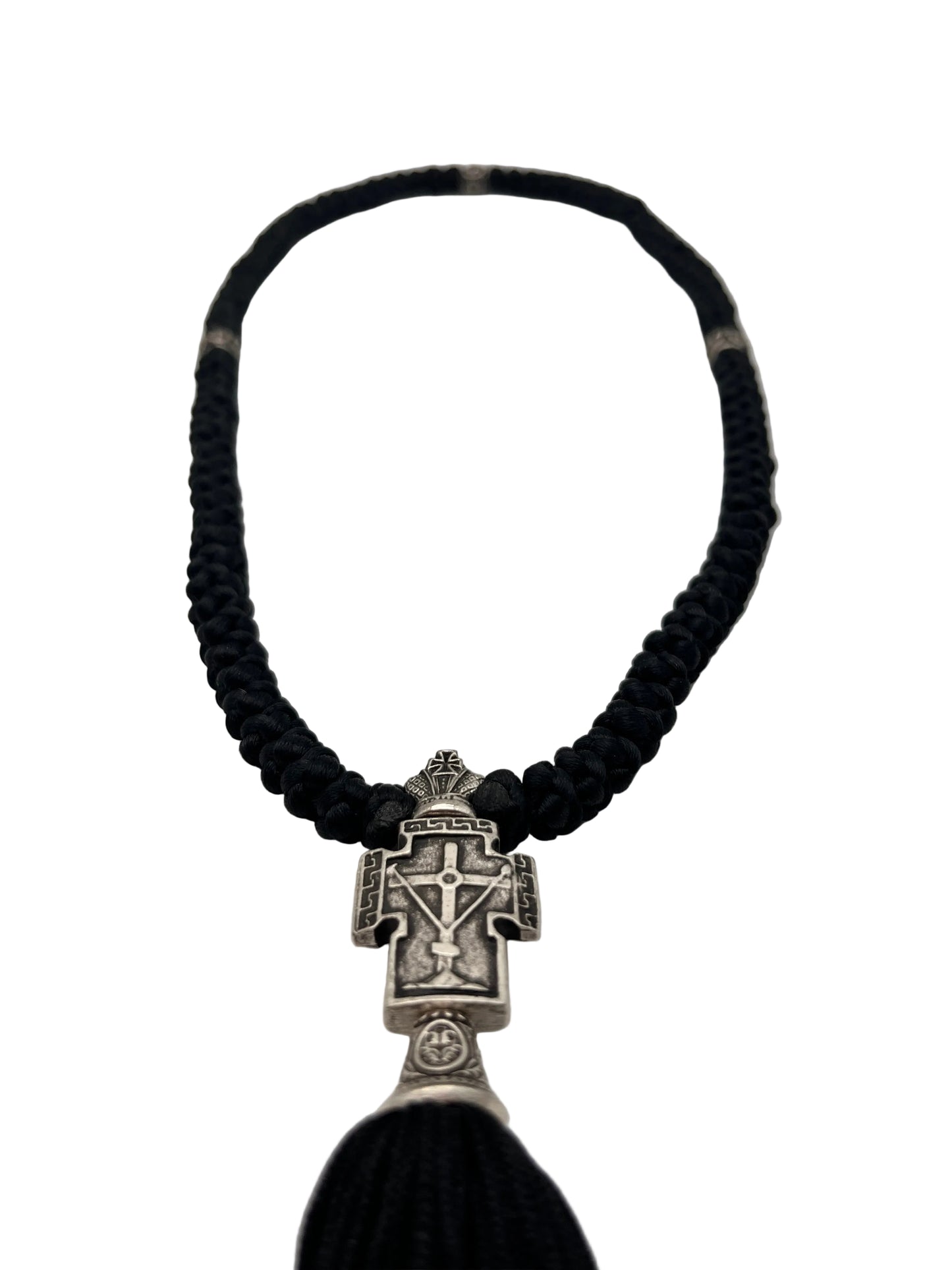 100-knot Prayer Rope with Metallic Beads and Metallic Cross (nickel) Style No. 02 zoomed