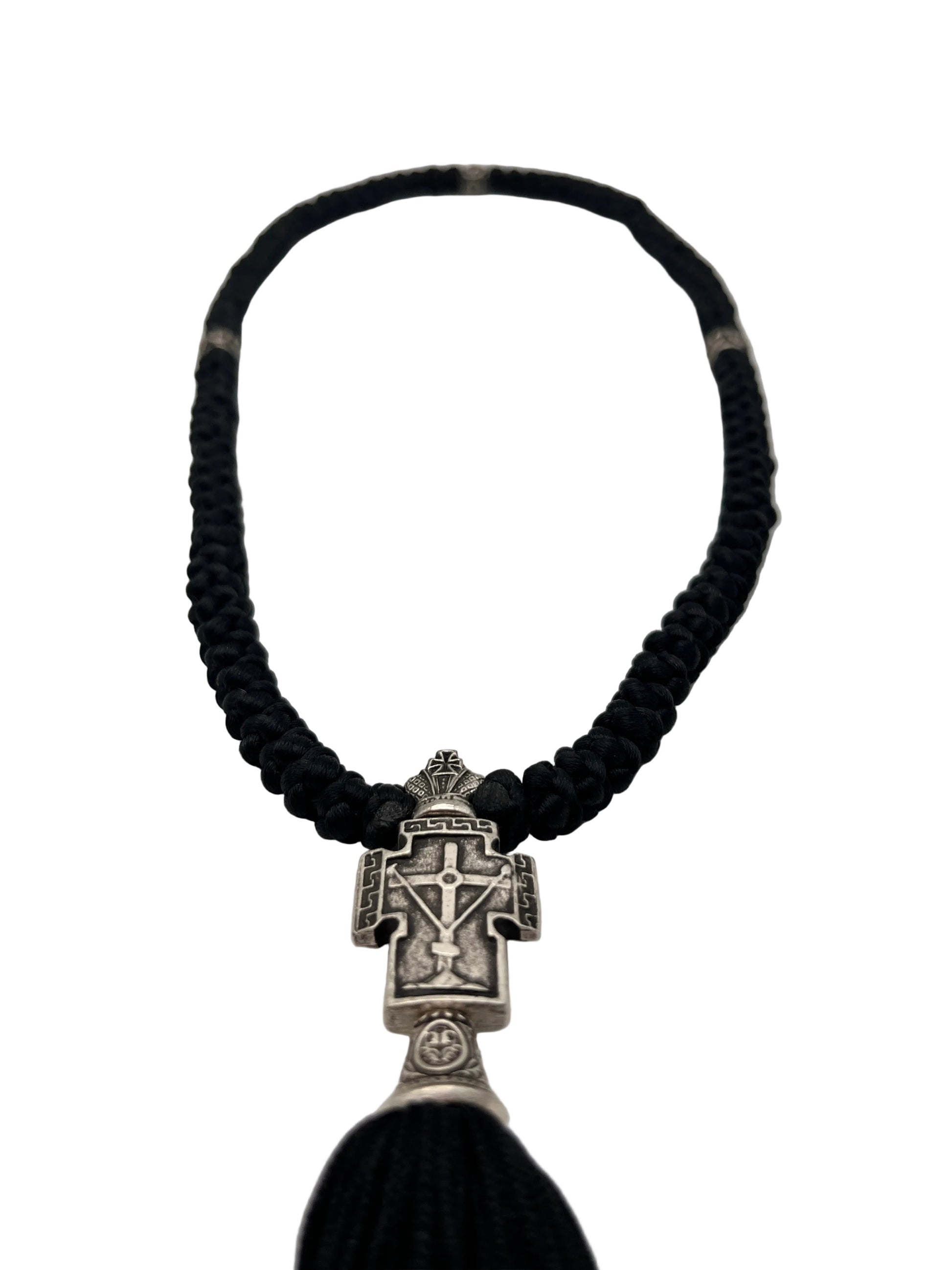100-knot Prayer Rope with Metallic Beads and Metallic Cross (nickel) Style No. 02 zoomed