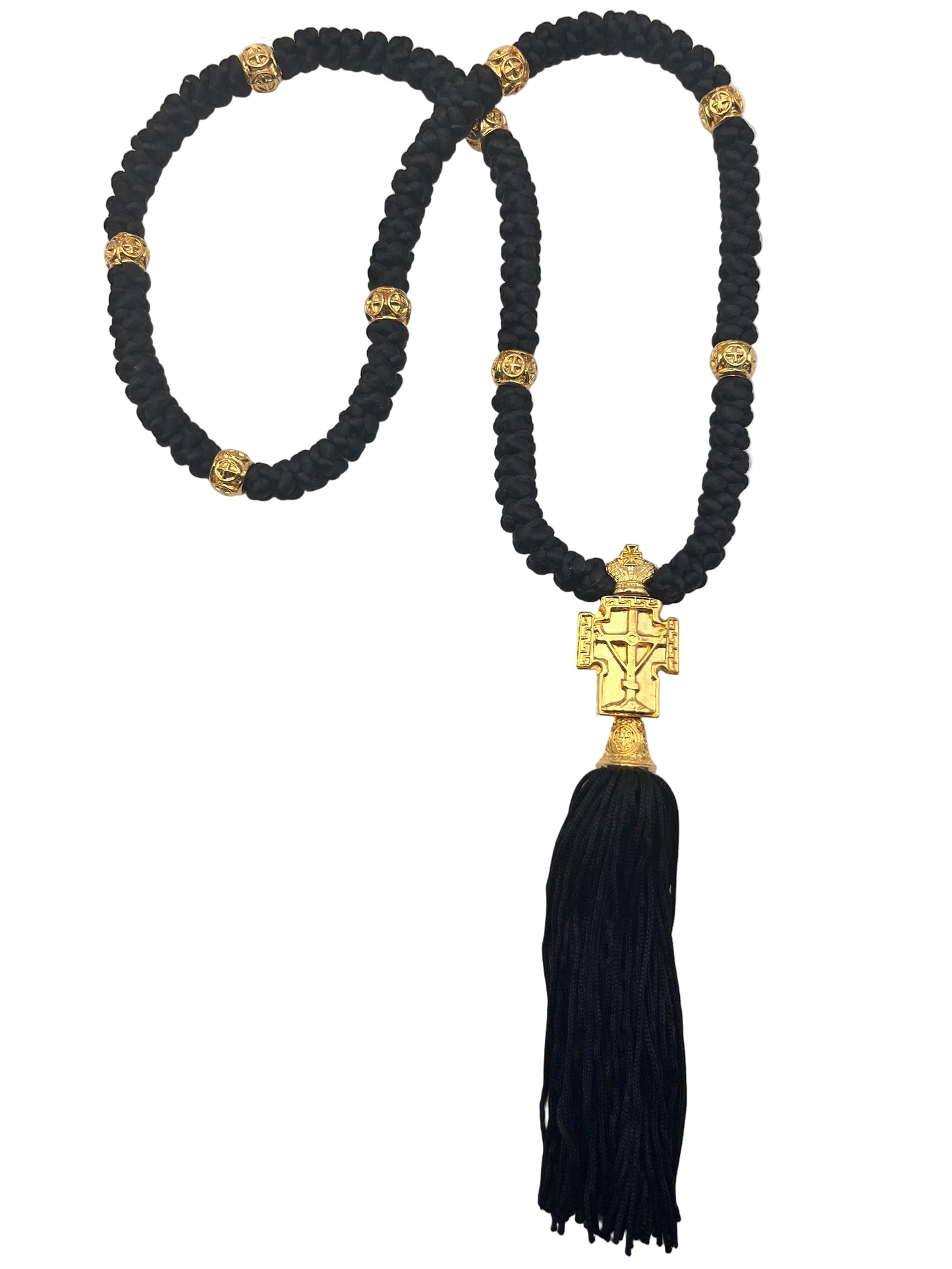 100-knot Satin Prayer Rope with Metallic Beads and Metallic Cross (brass) Style No. 03 new angle