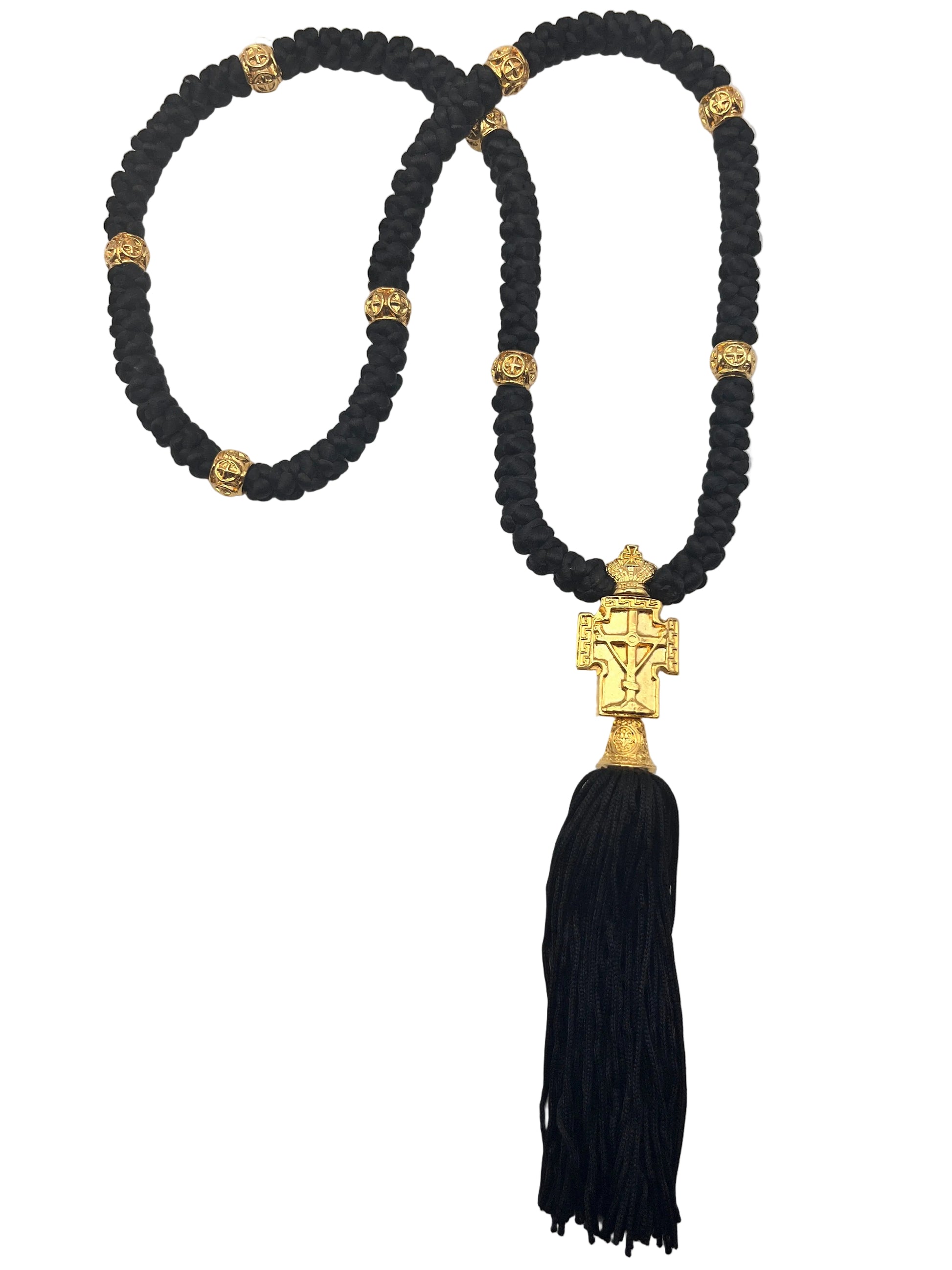 100-knot Satin Prayer Rope with Metallic Beads and Metallic Cross (brass) Style No. 03 new angle