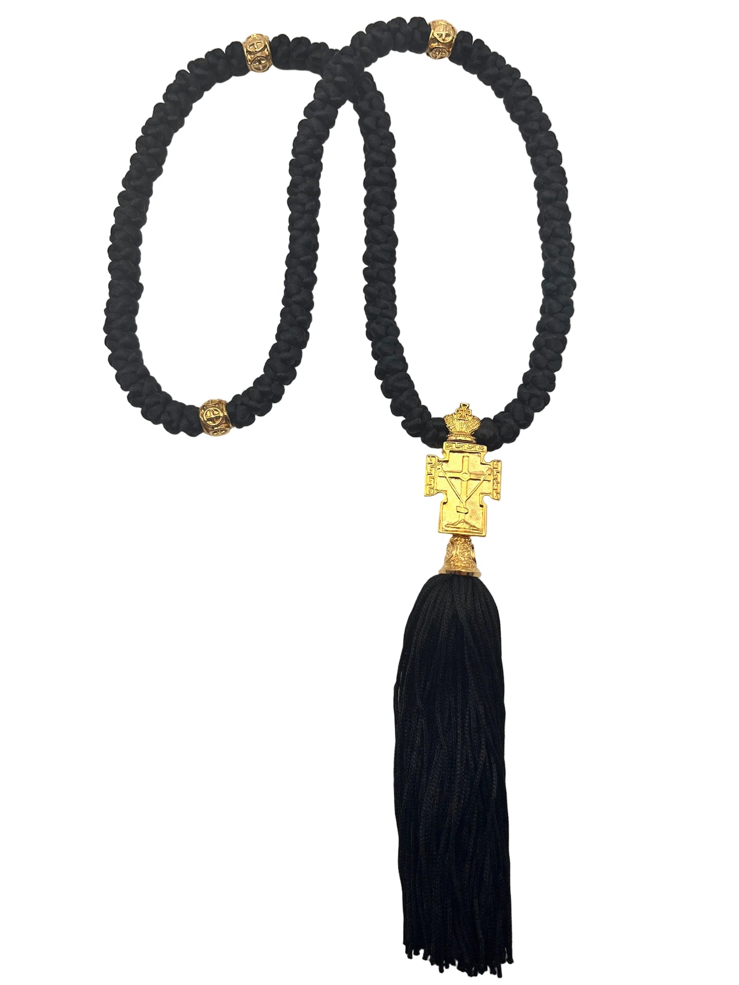100-knot Satin Prayer Rope with Metallic Beads and Metallic Cross (brass) Style No. 04 new angle