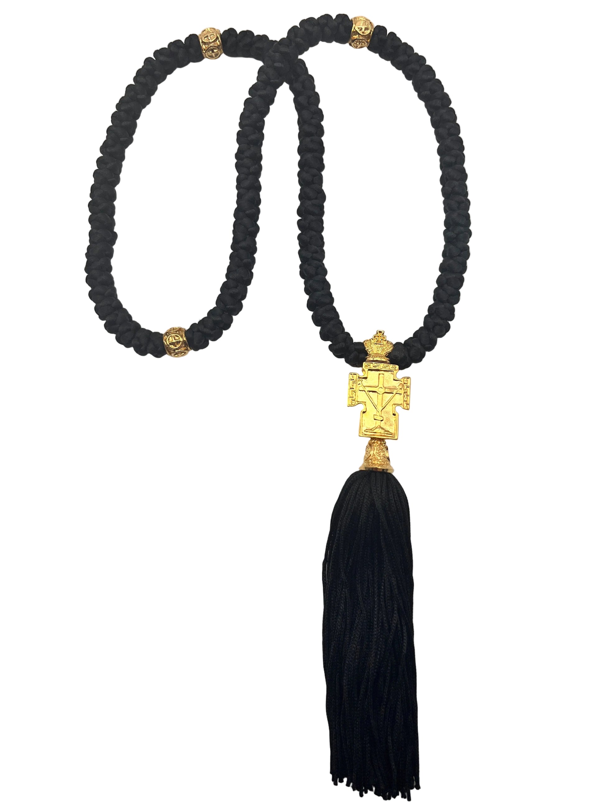 100-knot Satin Prayer Rope with Metallic Beads and Metallic Cross (brass) Style No. 04 new angle