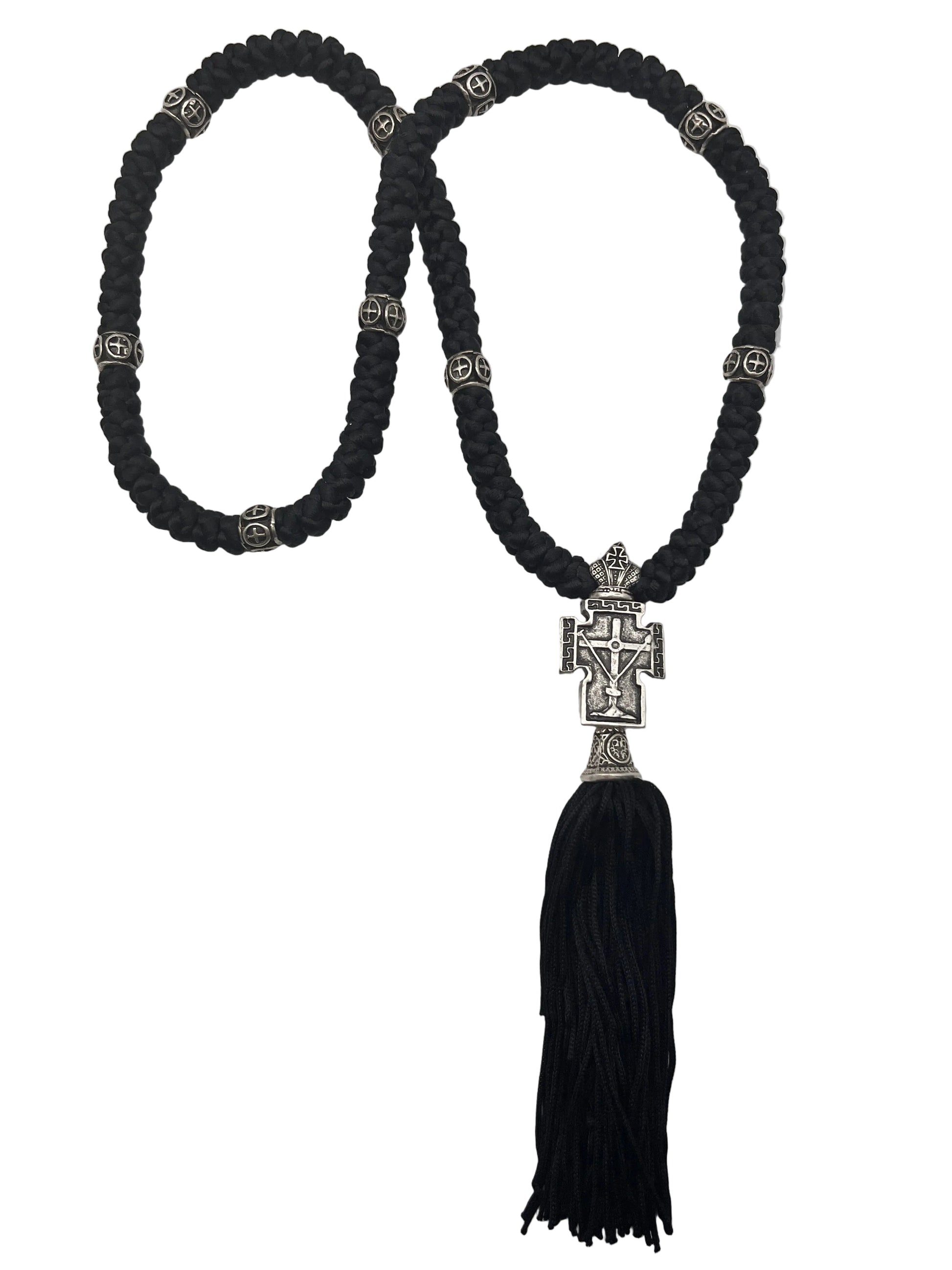 100-knot Satin Prayer Rope with Metallic Beads and Metallic Cross (nickel) Style No. 01 new angle