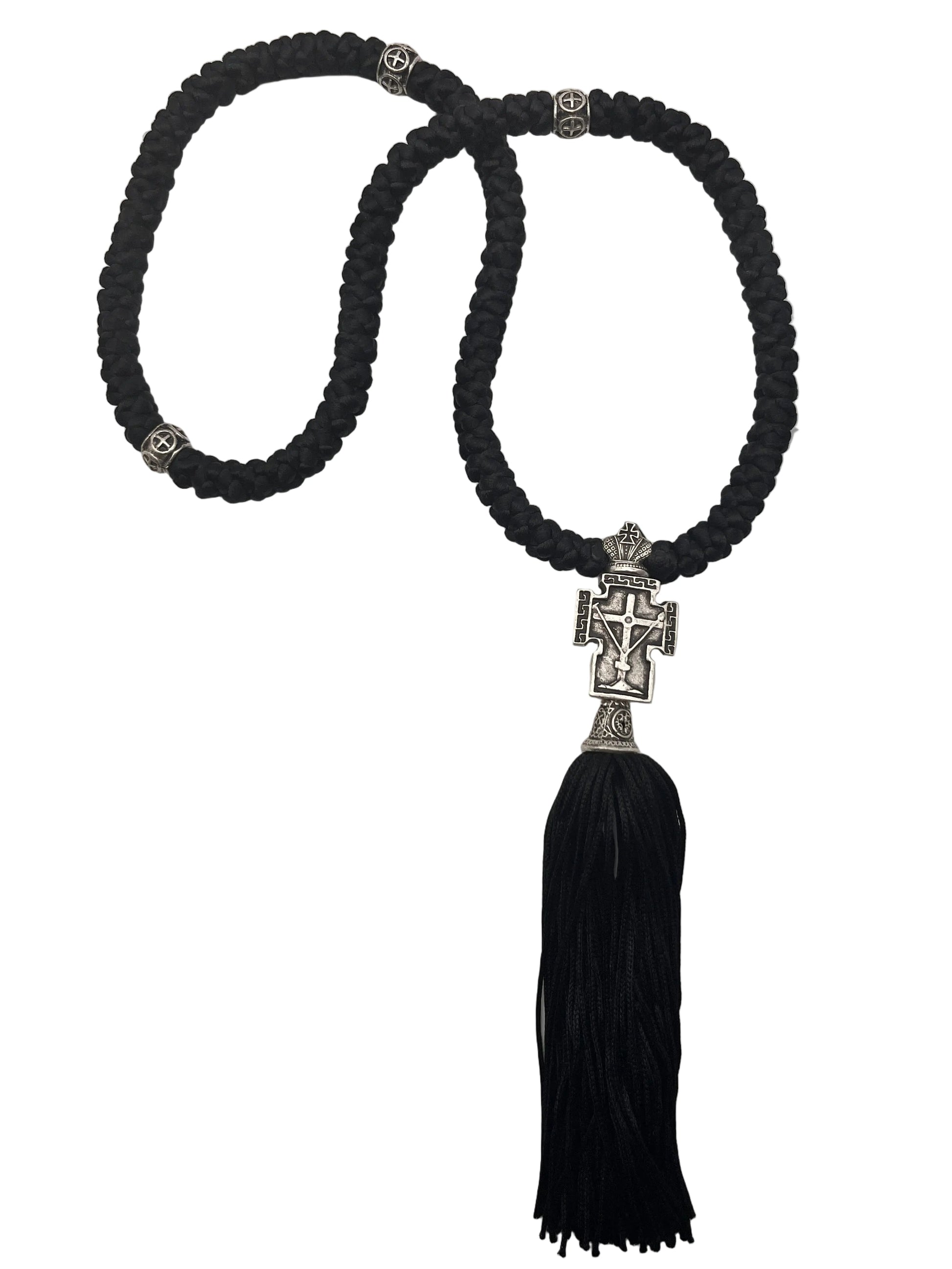 100-knot Satin Prayer Rope with Metallic Beads and Metallic Cross (nickel) Style No. 02 new angle