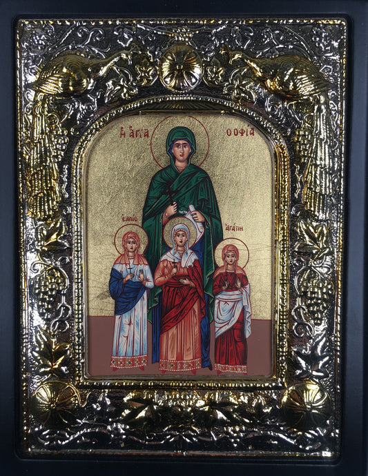 Sts. Sophia, Vera, Nadezhda, Lyubov, Silk-screen Icon, Silver border
