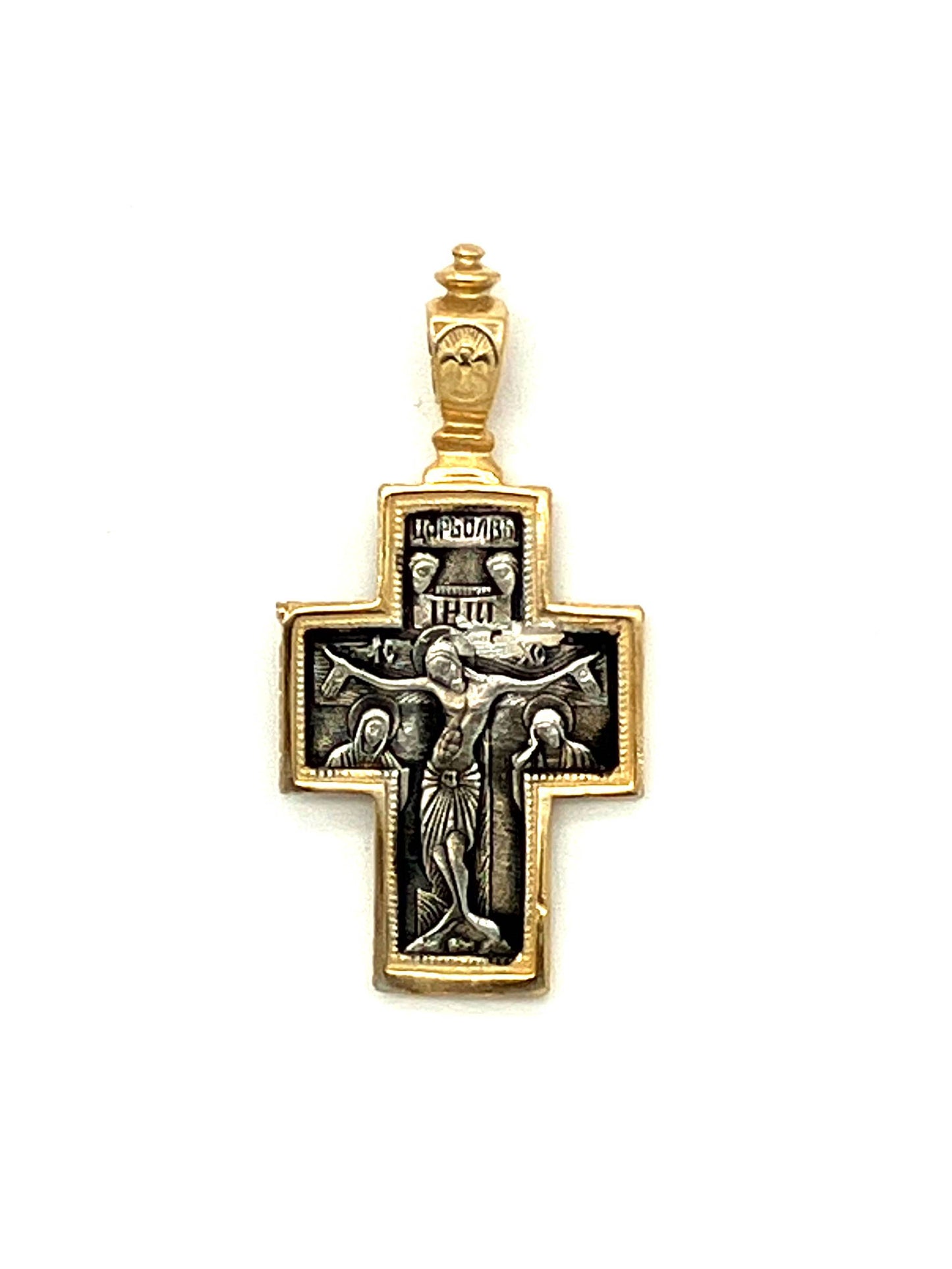 Baptismal Cross - Style No. 21 (sterling silver with icons of crucifixion and Theotokos)