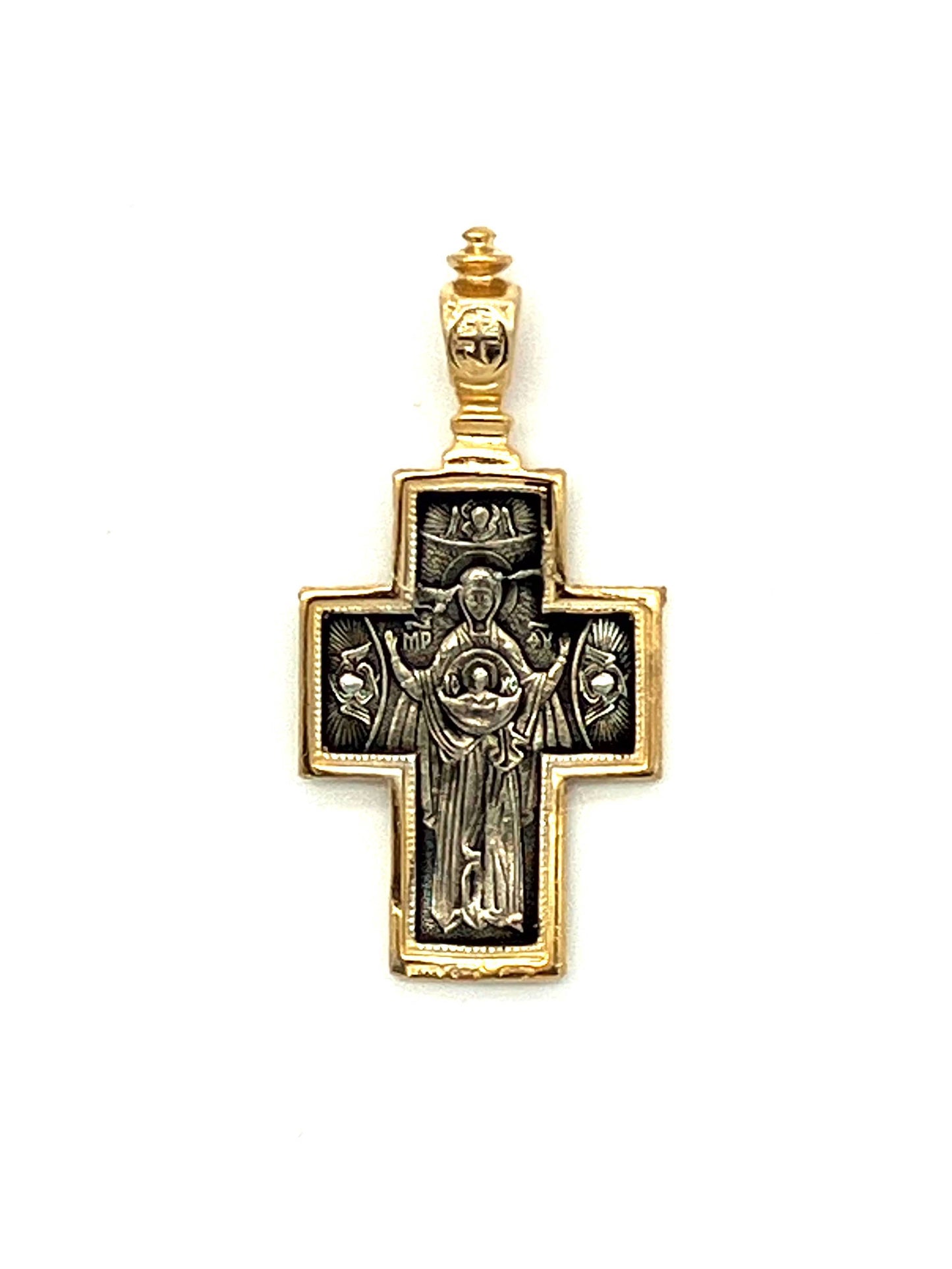 Baptismal Cross - Style No. 21 (sterling silver with icons of crucifixion and Theotokos)