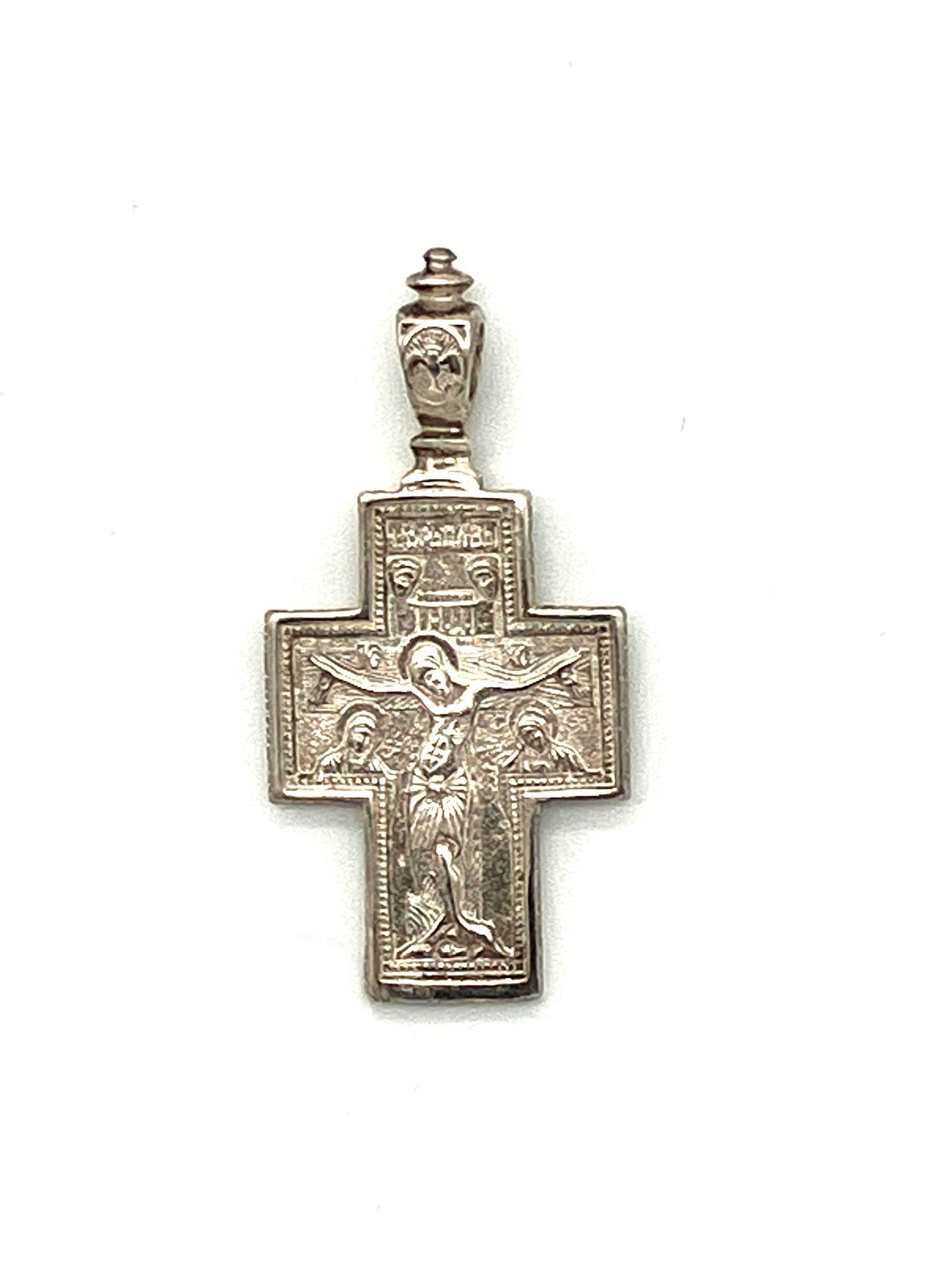Baptismal Cross - Style No. 21 (sterling silver with icons of crucifixion and Theotokos)
