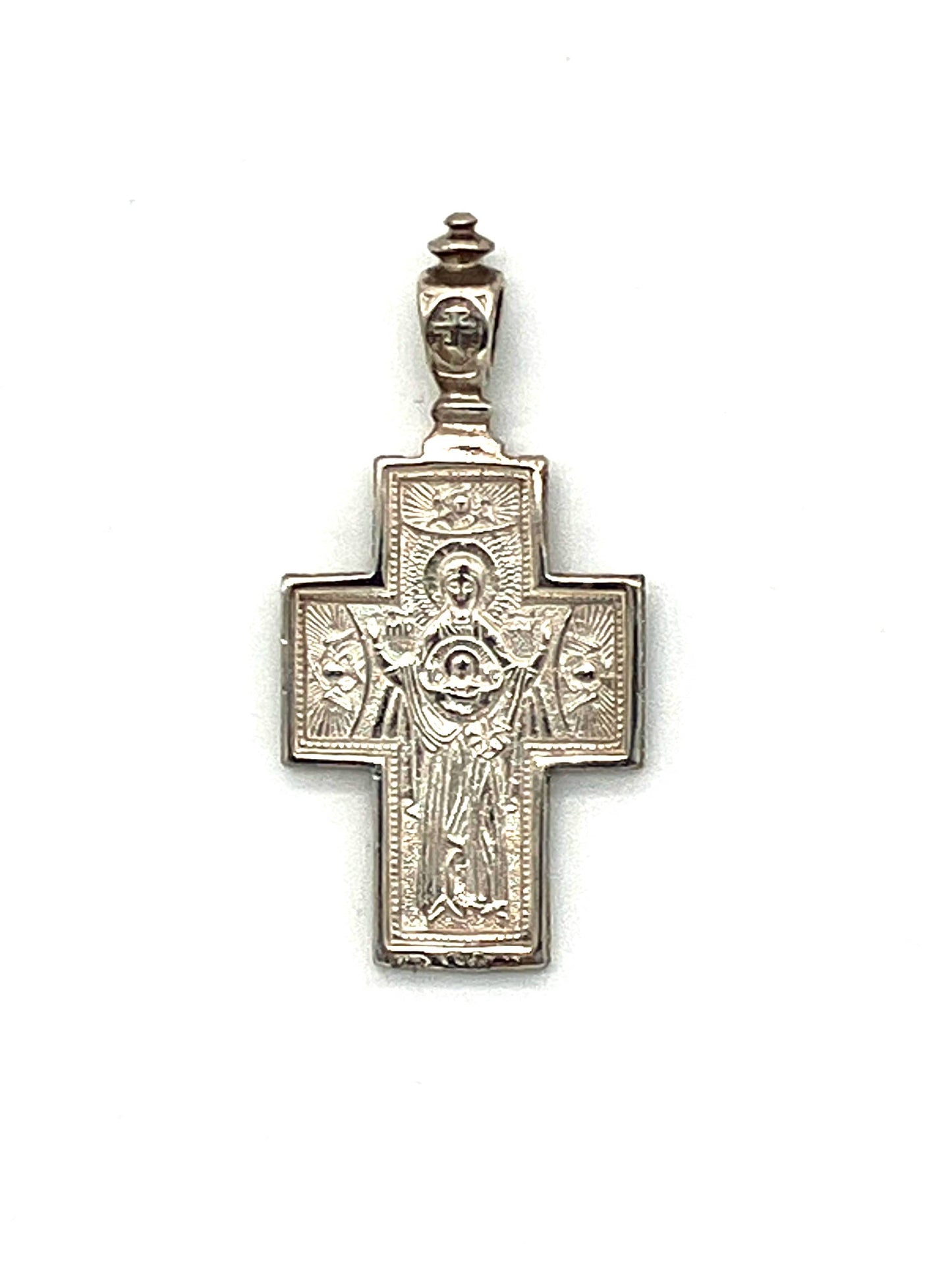 Baptismal Cross - Style No. 21 (sterling silver with icons of crucifixion and Theotokos)