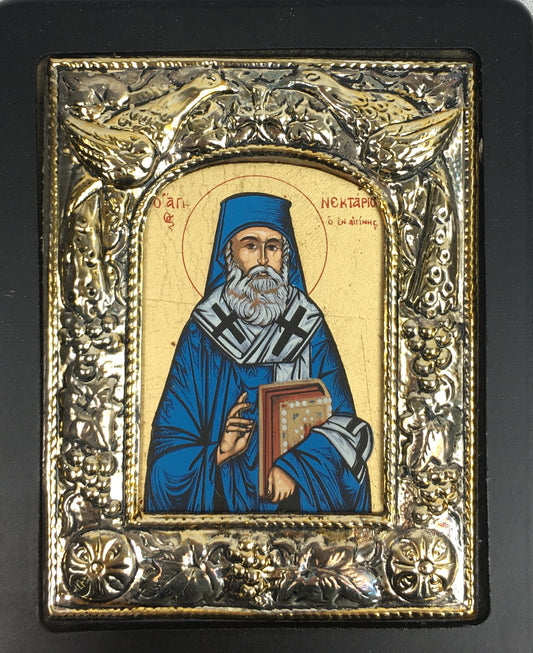 St. Nektarios, Silk-screen Icon, Silver border