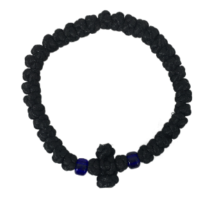 HTM 33-knot Black Satin Prayer Rope with Blue Beads