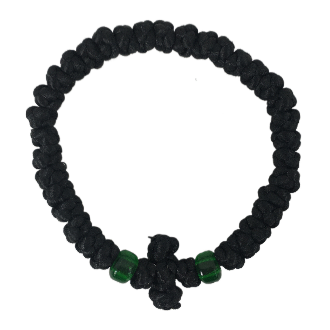 HTM 33-knot Black Satin Prayer Rope with Green Beads