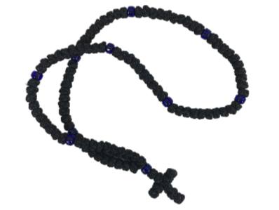 HTM 100-knot Black Satin Prayer Rope with Blue Beads