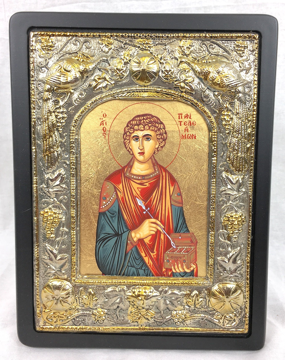 St Panteleimon, Silk-screen Icon, Silver border
